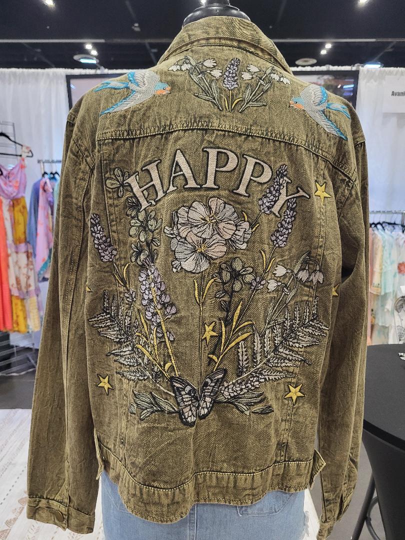 Happy Embroidered Jacket - Olive Green