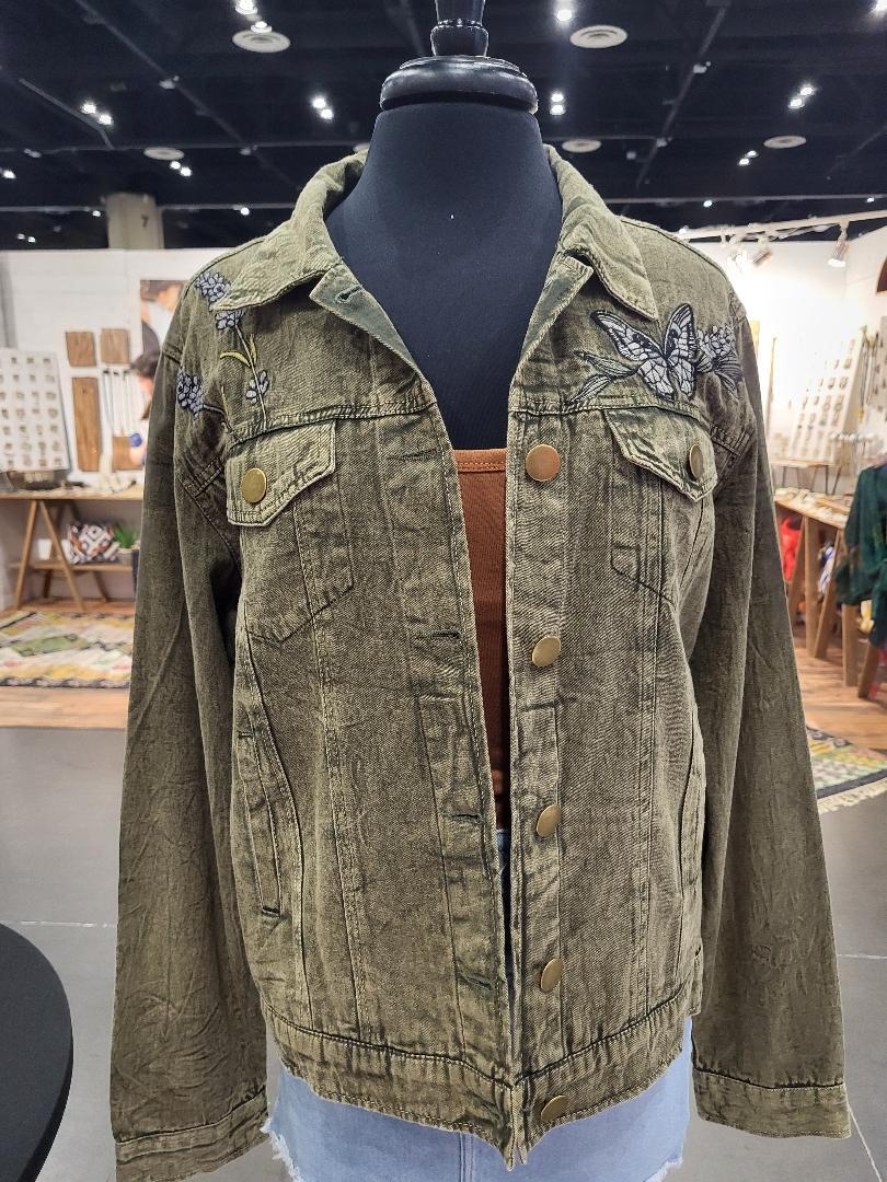 Happy Embroidered Jacket - Olive Green